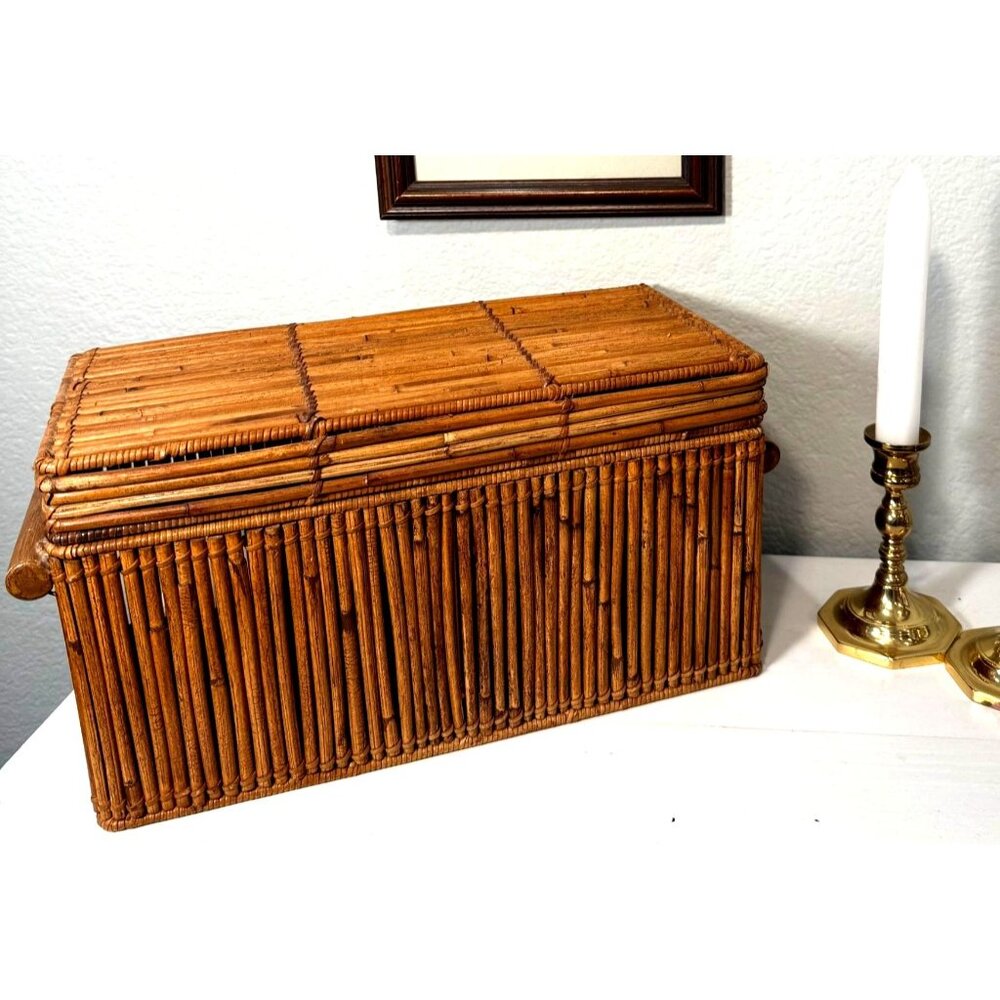 Bamboo Wicker Woven Vintage Lidded Storage Box Thailand 15 x 7 x 6.5 Inches